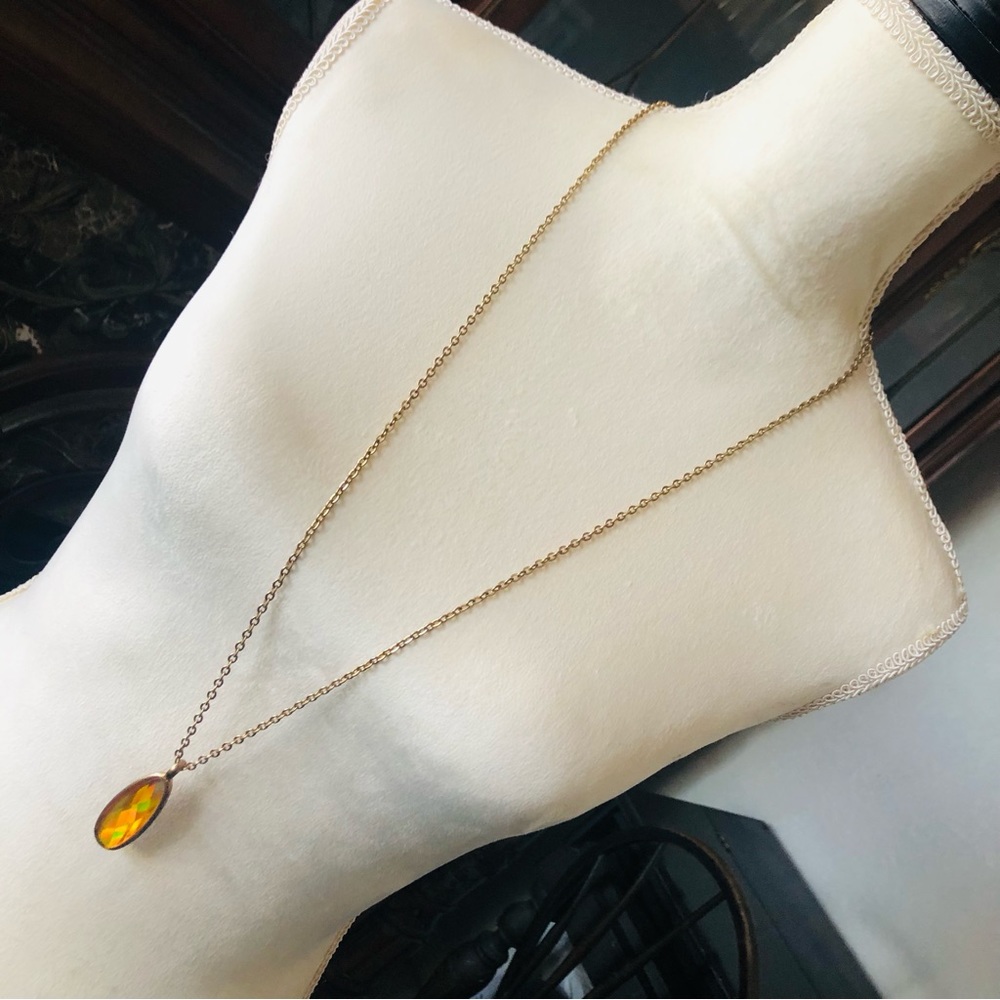 Vintage Roman long raindrop iridescent faceted glass gem pendant on chain